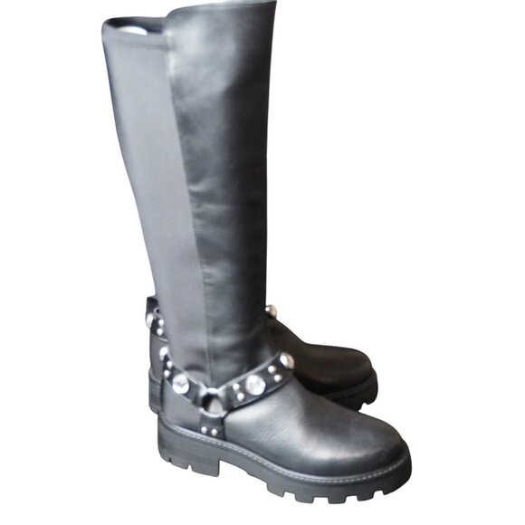 Karl Lagerfeld Milla Rhinestone Embellished Tall Leather Riding Boots - Picture 2 of 11